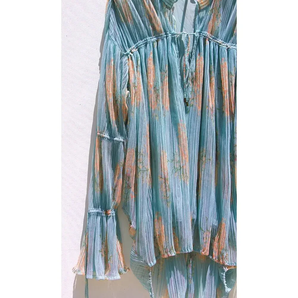 Free People Dahlia Tunic Dress Top – Blue Sheer Floral – Long Sleeve – Women’s M